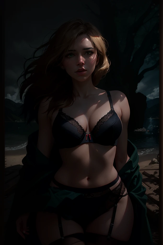 deep shadow, sinister, award winning photo, best quality, masterpiece, upper body, woman, windblown blonde hair, emerald eyes, black Garter belt, bra by Jeremy Lipking, by Antonio J. Manzanedo, by lee jeffries nikon d850 film stock photograph 4 kodak portra 400 camera f1.6 lens rich colors hyper realistic lifelike texture dramatic lighting unreal engine trending on artstation cinestill 800, fisheye lens, Style-Kilt, windy beach, scottish loch, forest