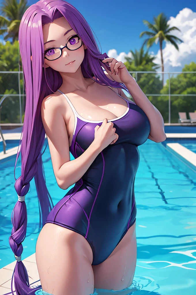 1girl, best quality, masterpiece, high resolution, solo, {blue school swimsuit:1.40}, {short school swimsuit:1.20}, {medusa_fgo:1.15}, long_hair, purple_hair, very_long_hair, purple_eyes, breasts, big_breasts, swimming pool, pool, de pie, school swimsuit.