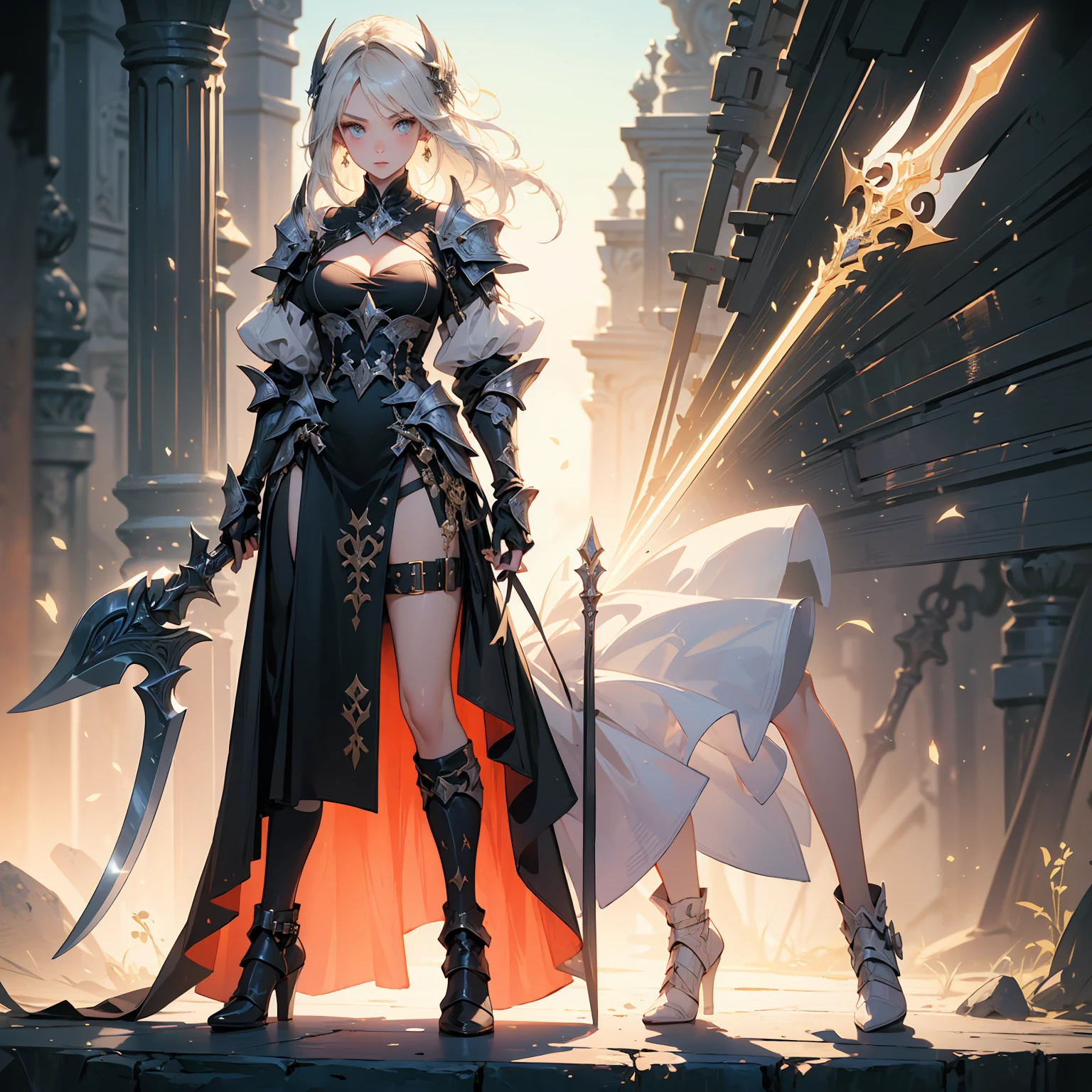 Design a layout showcase Gaming character, (1girl). Golden+Purle clothes, stylish and unique, ((showcase weapon:1.4)), magic staff, (masterpiece:1.2), (best quality), 4k, ultra-detailed, (Step by step design, layout art:1.5), (luminous lighting, atmospheric lighting), magican, ((glove full hands)), (((revealing clothes:1.3))), vambraces, armored legwear, (((full_body_shot:1.4)))