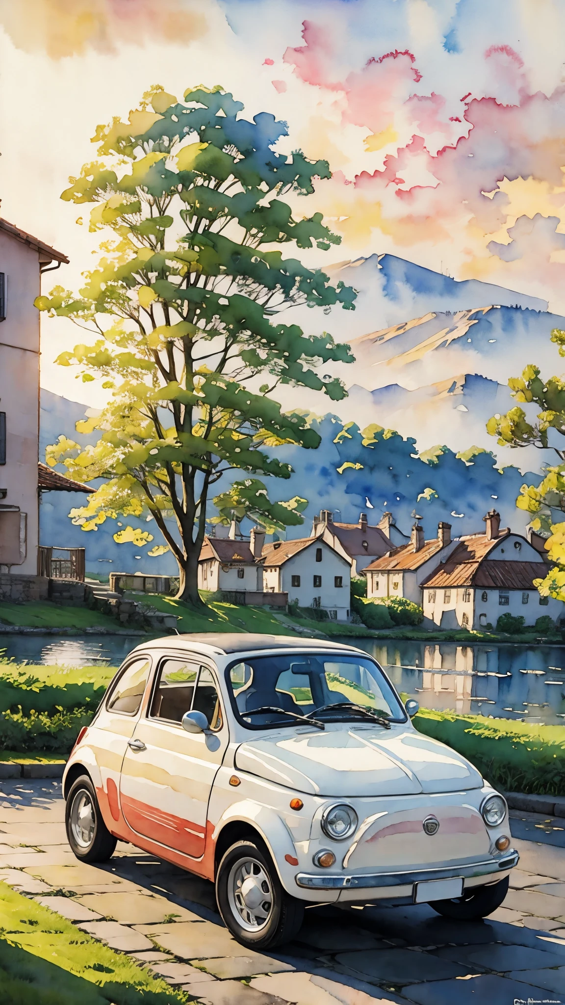 (masterpiece:1.2, Highest quality),(Very detailed),(((watercolor))),8K,wallpaper,Cream-colored Fiat 500,Riverside Road,Sunset,(((Ghibli style))),透明watercolor