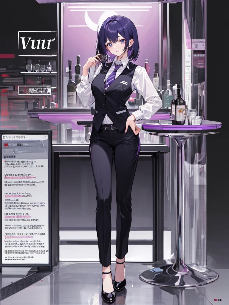 purple,(((High cut layered hair))),woman,bartender,vest,shirt,tie,pants,high heels,all,simple background,smile,whole body,full body,full body,Standing picture,vtuber,upright,,look forward to,body facing forward