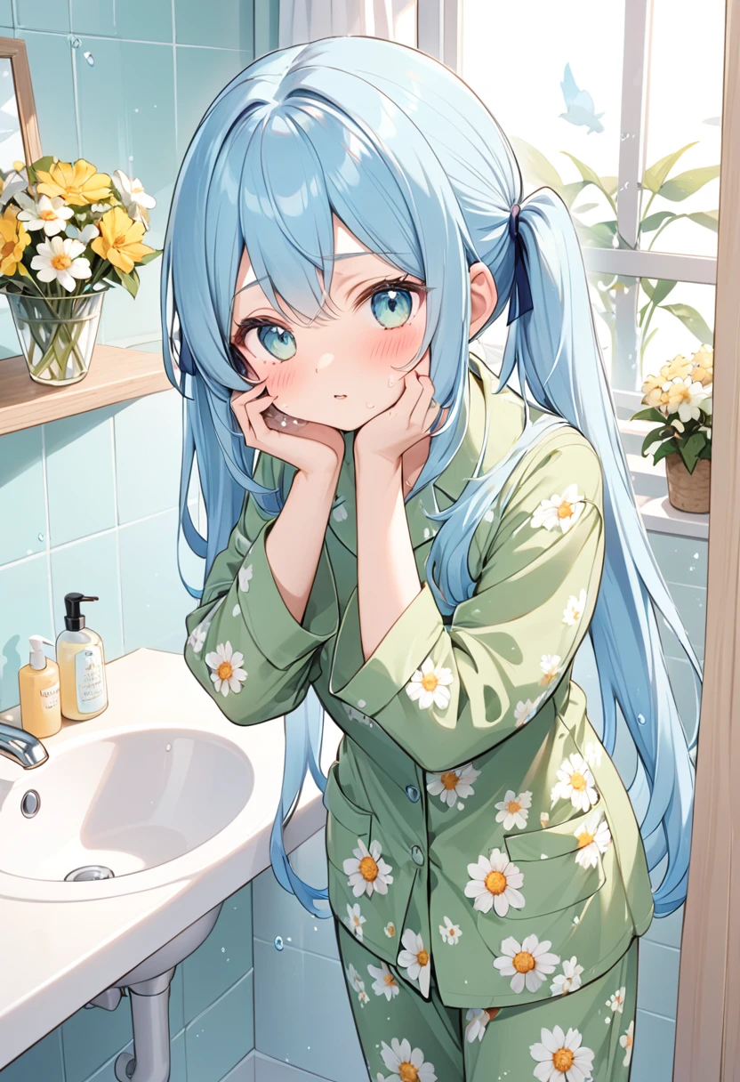 Light blue long hair、Twin-tailed Girl、Green pajamas with floral print、Washing her face in the bathroom、A lot of margaret flowers are displayed、Splash