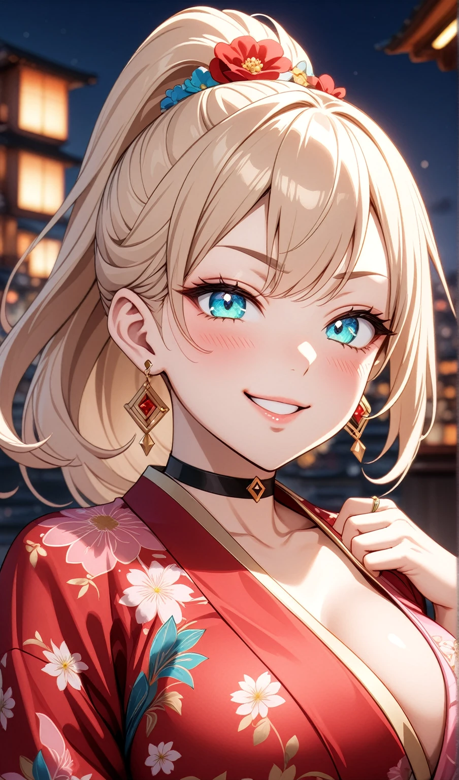 ((One personの女性)), Beautiful Face, ((smirk)),((Wink:2.0)), head tilt, Laugh with your mouth wide open,((Bright red cheeks:1.4)),Shiny red lips,night,rooftop,You can see the ocean, firework,Laughing with your mouth open,Glossy pink lips,Facial lighting,((Anime style background)),masterpiece, Highest quality, so beautiful,up to date, Complex details, (Pink long nails),(ring),(bracelet),(choker),AI-generated, Complex,High resolution, Highest quality, super high quality,3D Images、3D Images,One person,Long blonde hair,High Ponytail,(turquoise blue eyes),Anime woman posing for a photo, ((Fine grain、Colorful eyes、Shining Eyes:1.3)),(Squint your eyes:1.1),a hyperRealistic , hyperRealistic , Realistic,Anime woman with long white hair, Smooth anime CG art, A woman in a colorful kimono with gold embroidery, (Pink long sleeve kimono),Red floral pattern,Long flower hair ornament,Earrings,Mature Body,(Big Breasts:1.1),Tall,Abdominal muscles,Tight waist,(Zoom up to face:1.6),(front view),