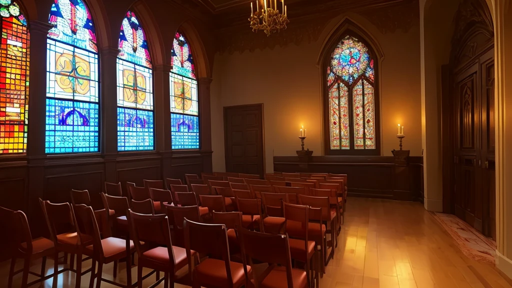 a confession room with stained glass windows, candlelight, religious iconography, moody lighting, dramatic shadows, ornate architecture, intricate details, warm colors, heavenly atmosphere, sacred ambiance, intimate setting, contemplative mood, spiritual essence, divine presence, reverent atmosphere
