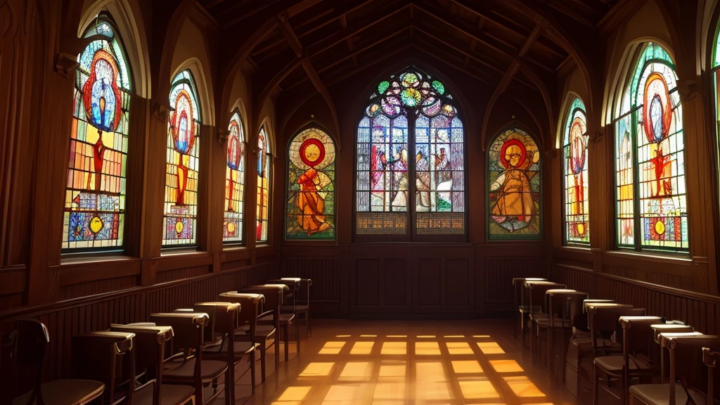 a confession room with stained glass windows, candlelight, religious iconography, moody lighting, dramatic shadows, ornate architecture, intricate details, warm colors, heavenly atmosphere, sacred ambiance, intimate setting, contemplative mood, spiritual essence, divine presence, reverent atmosphere