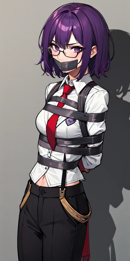 (masterpiece), best quality, expressive eyes, highres, anatomically correct, 1girl, perfect face, perfect hands, female, short hair, messy hair, wavy hair, purple hair, side bang, purple eyes, fair skin, medium chest, slight smirk, bondage, tied up, restrained, restricted, tied, harness, rope, arms behind back, hands behind back, purple glasses, purple suit, tie, pants, vest, blazer, gloves, gagged