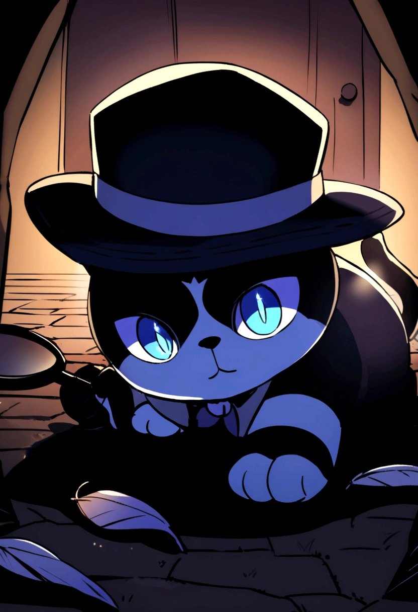 A determined detective cat carefully examining the ground with a magnifying glass, close-up on its face showing a focused expression. The scene is in a dimly lit corner of a street, with shadowy figures and a few scattered clues like feathers or small paw prints. The cat's detective hat and a slight glint in its eyes add to the investigative atmosphere.