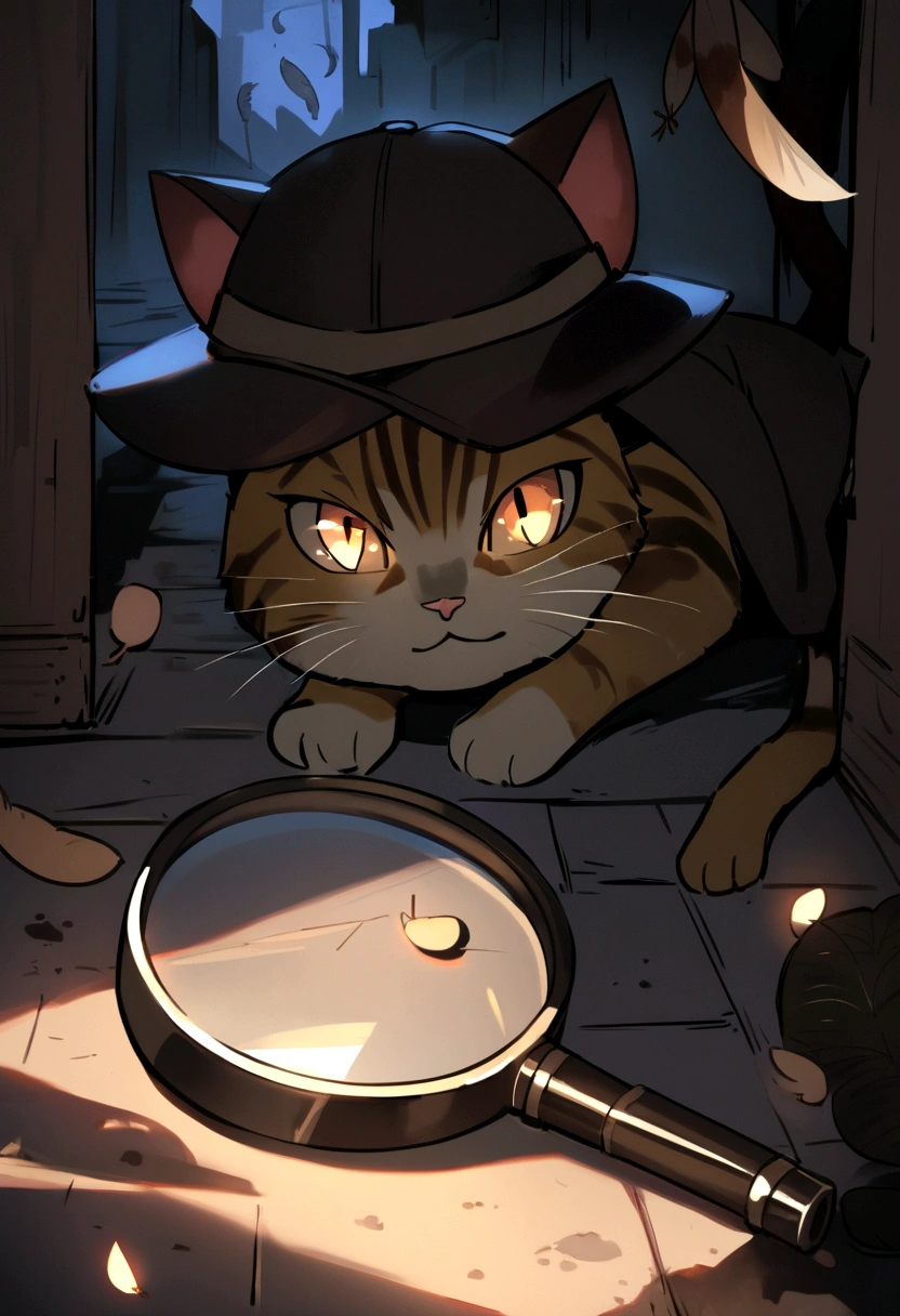 A determined detective cat carefully examining the ground with a magnifying glass, close-up on its face showing a focused expression. The scene is in a dimly lit corner of a street, with shadowy figures and a few scattered clues like feathers or small paw prints. The cat's detective hat and a slight glint in its eyes add to the investigative atmosphere.
