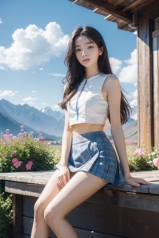 ((best qualtiy, 8K, tmasterpiece:1.3)),Focus:1.2, female high-school student，wooden cabin，（A look of determination）（adolable），delicated face，Long hair waist-length，long hair flowing，Tilt your head，ssmile，Hair details，Delicate Full Body Portrayal，Delicate depiction of the face，Best picture quality，A high resolution，Detailed background，Delicate portrayal，exquisitedetails，Rich in detail，Facial strengthening，(Crop tops，short  skirt)，with blue sky and white clouds，wooden cabin，Sitting Among the Flowers，Tibetan mountain peak background，There are no bags under the eyes