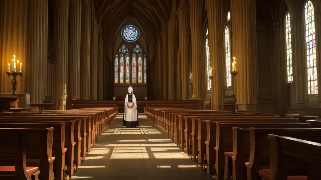 a nun in a dormitory, detailed interior, wooden furniture, candle light, prayer book, crucifix, stained glass window, ornate architecture, (best quality,4k,8k,highres,masterpiece:1.2),ultra-detailed,(realistic,photorealistic,photo-realistic:1.37),cathedral interior, ornate religious decoration, dramatic chiaroscuro lighting, cinematic composition, intricate details
