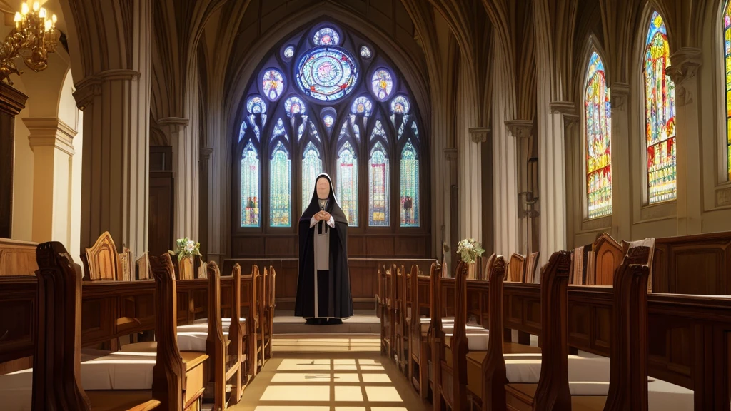 a nun in a dormitory, detailed interior, wooden furniture, candle light, prayer book, crucifix, stained glass window, ornate architecture, (best quality,4k,8k,highres,masterpiece:1.2),ultra-detailed,(realistic,photorealistic,photo-realistic:1.37),cathedral interior, ornate religious decoration, dramatic chiaroscuro lighting, cinematic composition, intricate details
