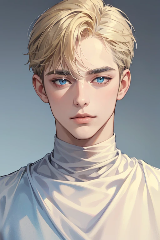 masterpiece, best quality, 1man, mature male, quiet and charming young man, 25 year old, closed mouth, portrait, extremely detailed face, closed mouth, lips nude ((blue carolina eyes)), ((short-blonde hair)), [thick eyebrows], handsome, half body, with black Turtleneck shirt, look at camera, 