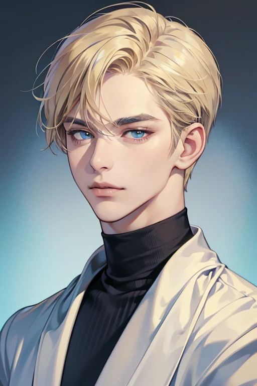 masterpiece, best quality, 1man, mature male, quiet and charming young man, 25 year old, closed mouth, portrait, extremely detailed face, closed mouth, lips nude ((blue carolina eyes)), ((short-blonde hair)), [thick eyebrows], handsome, half body, with black Turtleneck shirt, look at camera, 