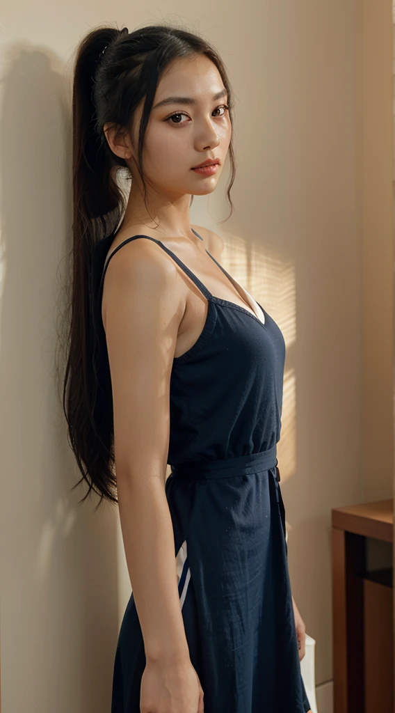 Master's work, a lovely 20-year-old Chinese girl, big eyes, orange lipstick, black hair, soft long hair ponytail, wearing a dress with blue and white porcelain elements, half picture, half photo, front photo, wooden wall background, hair all displayed, the overall classical style, exquisite and clear features, super realism + realism + HD + high-resolution, In the sunny bedroom, sacred movie edge lighting + volume light + surface light, depth of field + smoke, Hasselblad X2D 100C