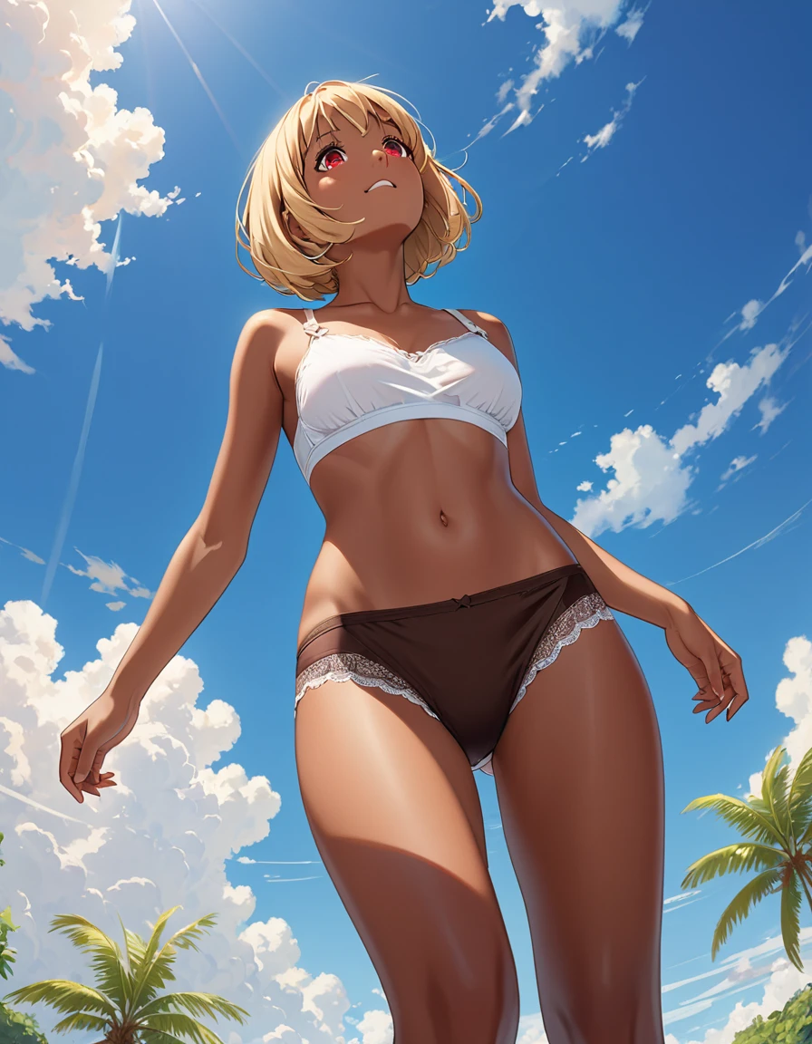 Masterpiece, highest quality, high definition, full body, girl alone, low angle, directly below, looking up from the feet to the head, blonde hair, bob cut, red eyes, sparkling eyes, ruby eyes, tanned skin, chocolate brown skin, dark skin, underwear, underwear drawn in detail, cute underwear, irreverent expression, under the blue sky, an island in perpetual summer