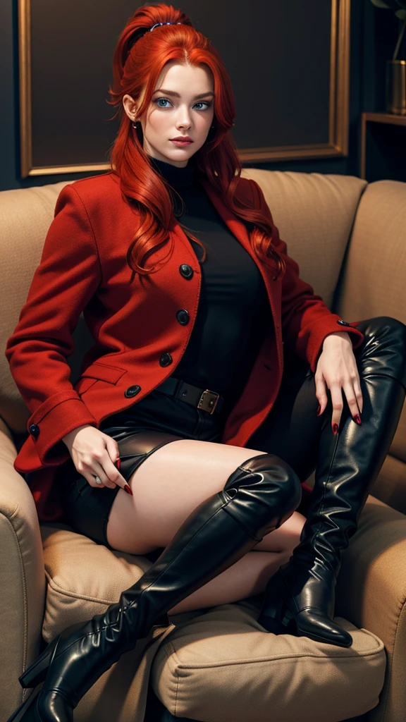 Sitting in the armchair, A beautiful redhead with a ponytail, in elegant black boots, elegant, beautiful female red coat, red painted nails, blue eyes, Beautiful young man, having beard 
