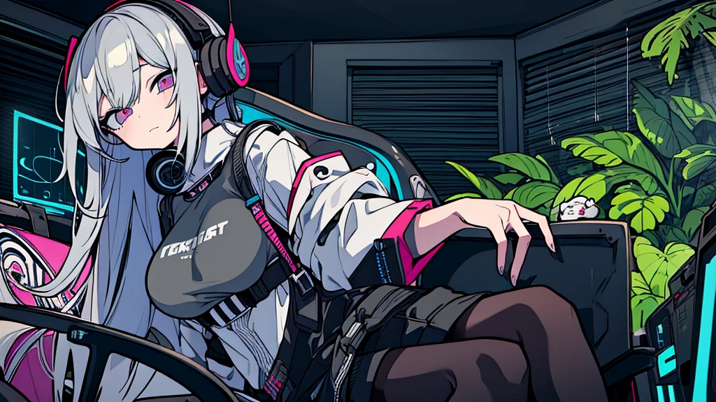 Best quality, (masterpiece:1.2), best detail face, 1 girl, big breasts, 18 yo, 8k,absurdres,unity 8k wall paper,(extremely detailed:1.3), highest realistic, (simple headphones:1.1), (soft neon light:1.1), (floating hair:1.2), (psychedelic:1.2), Her room full of music equipment and plants, Leaning back on the chair with a casual attitude, Light clothing in summer, dark grey color palette, blonde hair
