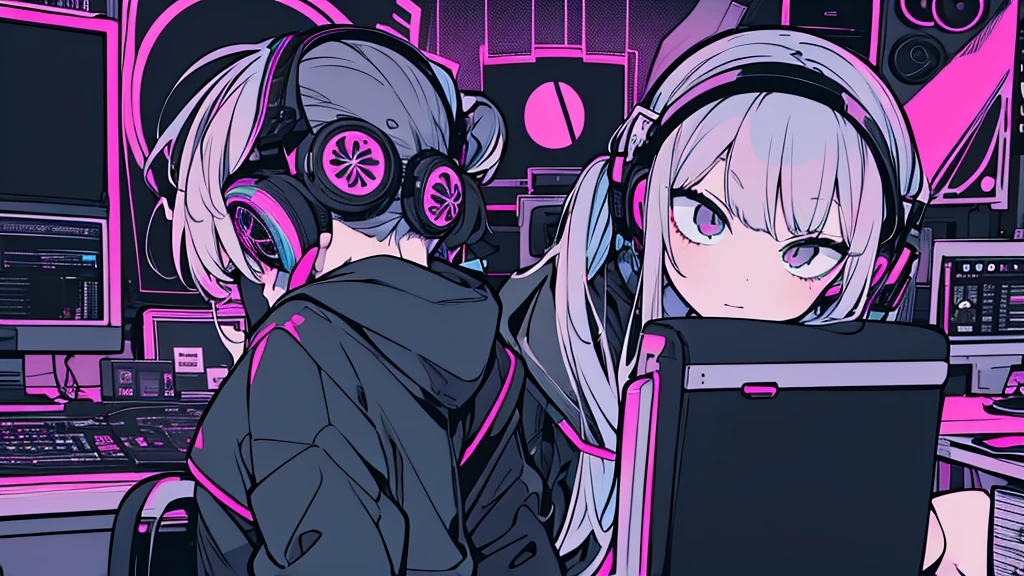 Best quality, (masterpiece:1.2), best detail face, 1 girl, big breasts, 18 yo, 8k,absurdres,unity 8k wall paper,(extremely detailed:1.3), highest realistic, (simple headphones:1.1), (soft neon light:1.1), (floating hair:1.2), (psychedelic:1.2), Her room full of music equipment and plants, Leaning back on the chair with a casual attitude, Light clothing in summer, dark grey color palette, blonde hair
