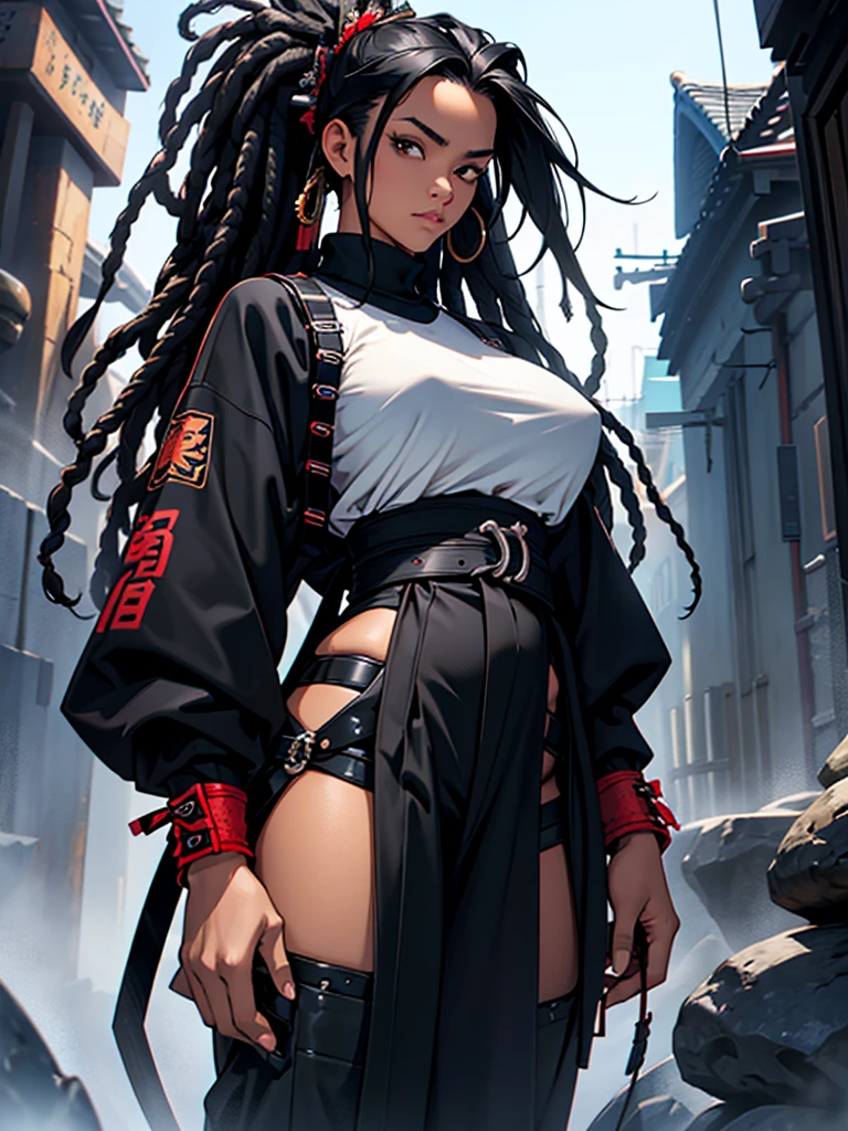 (Masterpiece artwork), A black woman with black hair, skin black, dreadlocks, long hair, loose hair (best qualityer), Ultra resolution, professional art, ultra detaild, perfect lighting, athletic body, big boobies, Bushido outfit, serious, facing the viewer, female focus, black pant, solo, with two samurai swords belts to her hip
