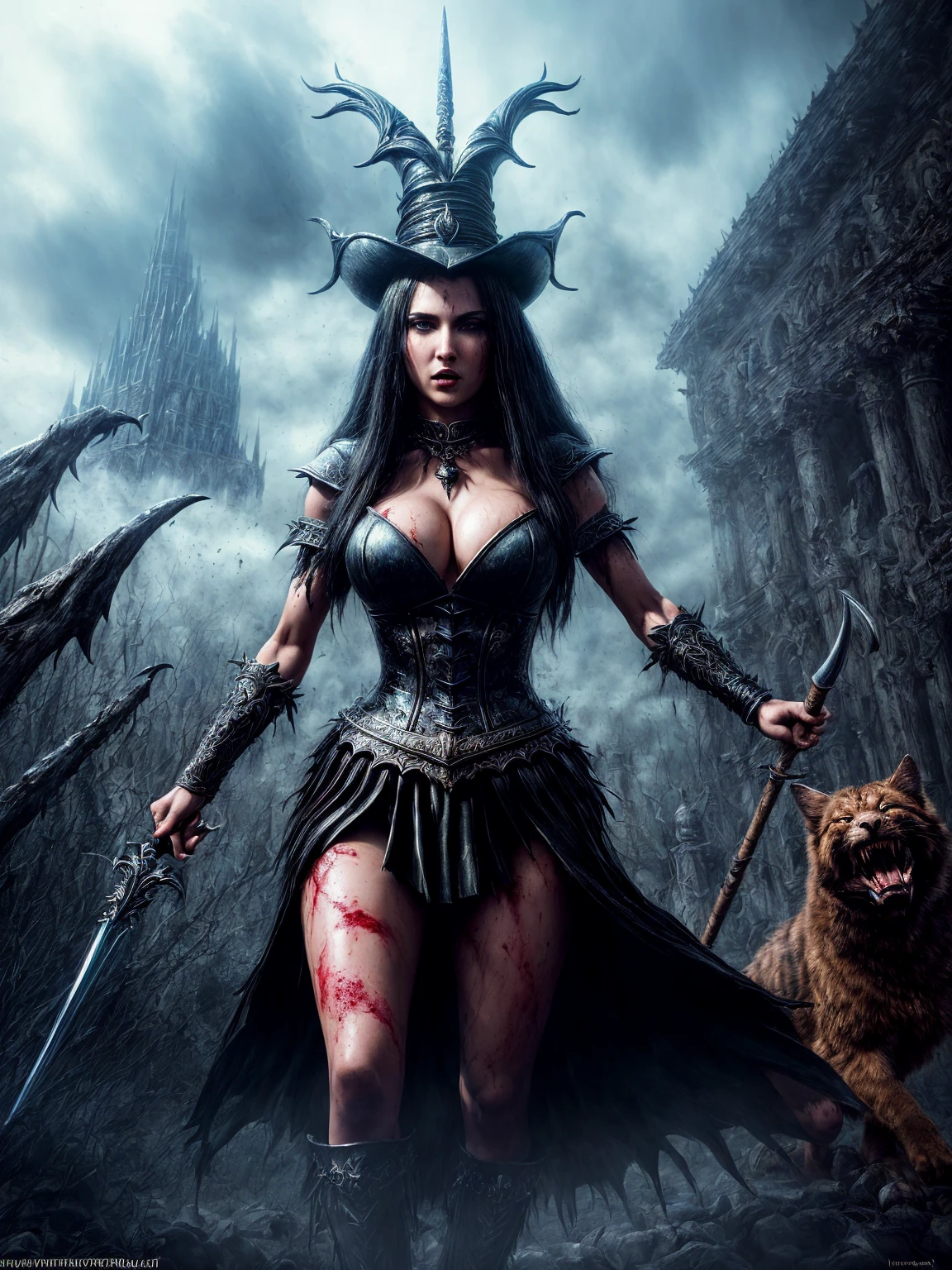 (Award-winning masterpiece:1.5), (incredible detail), (hyper realistic:1.4), (whole body:1.7), (ferocious battle between witches and brutal creature), (witches with staffs and spells), (creature towering over them), (detailed combat scene), (blood splatter), (dramatic lighting), (intricate details:1.1)