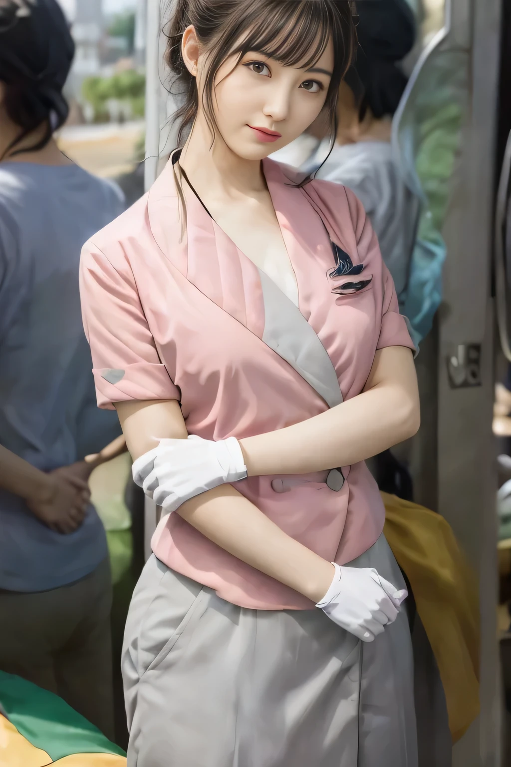 (masterpiece:1.2, Highest quality:1.2), 32k HDR, High resolution, (alone、1 girl)、 (Height: 160cm)、(On the rooftop of a building in the daytime、Professional Lighting)、Building rooftop background、(Nankai train crew uniform pinkを着たリアルスタイル)、(Nankai train crew uniform pink short sleeve collarless pink jacket、Nankai Train Crew Uniform Pink Collarless Short Sleeve Blouse、Nankai Train Crew Uniform Pink Grey Knee-length Culottes)、(The pink jacket is showing from the culottes.)、Dark brown hair、(Hair tied up、Hair tied up、Evening curly hairstyle)、Dark brown hair、Long Shot、Big Breasts、Thin legs、((Great hands:2.0)),((Harmonious body proportions:1.5)),((Normal limbs:2.0)),((Normal finger:2.0)),((Delicate eyes:2.0)),((Normal eyes:2.0)))、smile、(Nankai Train Crew Uniform Pink Grey Knee-length Culottesを見せた美しい歩く姿)、Place your hands around your stomach、Lanyard employee ID card
