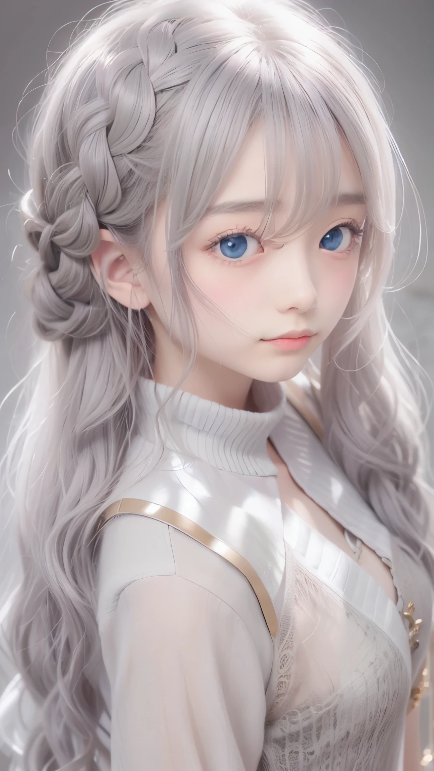 Highest quality, masterpiece,Gray Hair, Golden Eyes,White clothes, look up, Upper Body,hair,Fair skin,Side braid