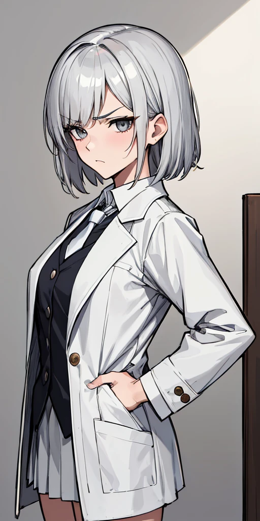 (absurdres, 8k, 4k, masterpiece, hyper extreme detailed:1.2), solo, 1girl, front view, perfect face, 1girl, portrait, perfect anatomy, cowboy shot, solo, standing, Female, Mature Female, short hair, white hair, white skirt, button shirt, white vest, gray tie, tired, fatigue, annoyed, dissatisfied, arms in front, holding phone in right hand, left hand on hip, bored, science, smart, genius, intelligent, scientist, lab_coat, white labcoat, swept bangs, bored, frown, gray eyes, silver eyes, lab background, room background, best anatomy, standing, half body, closed inner jacket, White Skirt, short