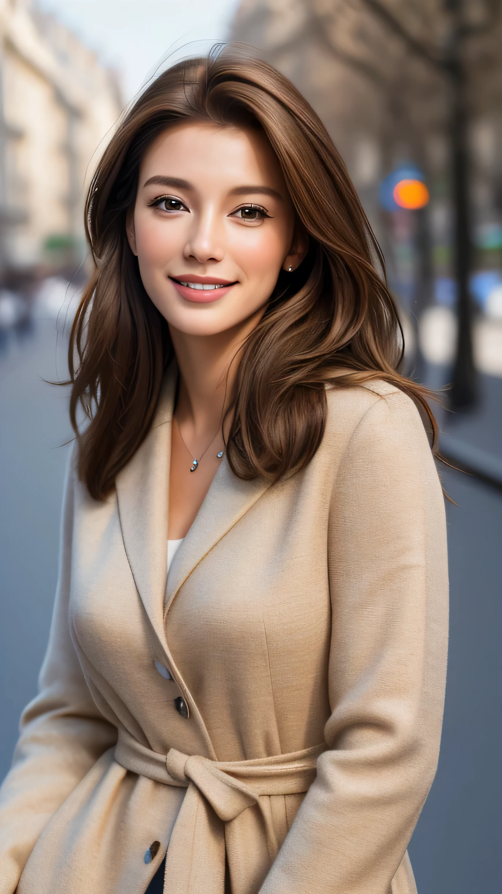 masterpiece, Highest quality, Realistic, Super detailed, In detail, High resolution, 8k wallpaper, One beautiful woman, Light brown hair, Sharp focus, Perfect dynamic composition, Beautiful attention to detail, Fine hair, Detailed and realistic skin texture, smile, Portraiture, Model Body Type, Take a stroll through Paris,