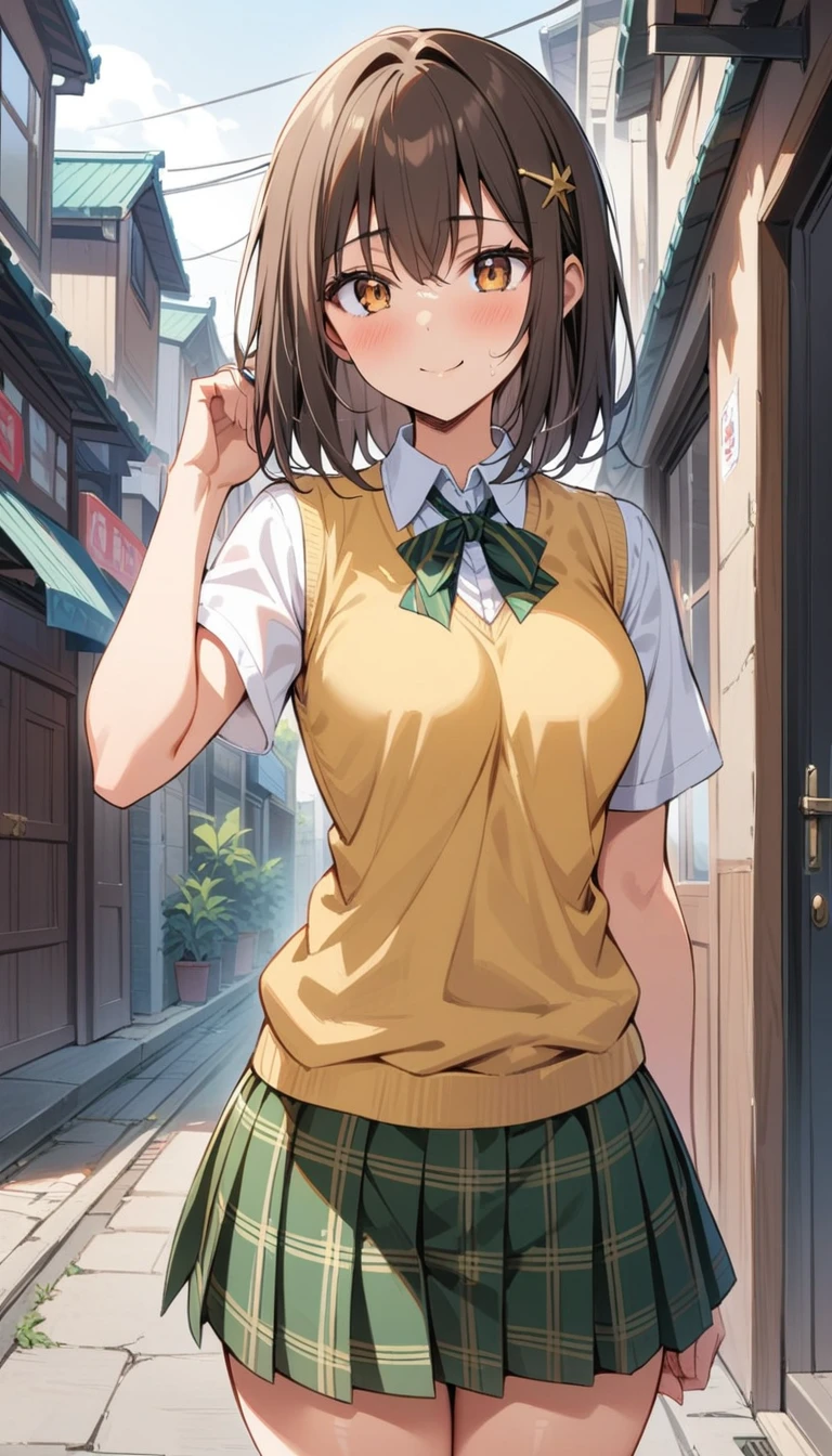 (Masterpiece, Best Quality:1.2), 1 girl, Alone,standing_to divide, Mikan Yuuki, Brown eyes, Brown hair, happy face, hair ornament,wide,green plaid skirt, Sainan High , , White shirt, yellow sweater vest, traditional street