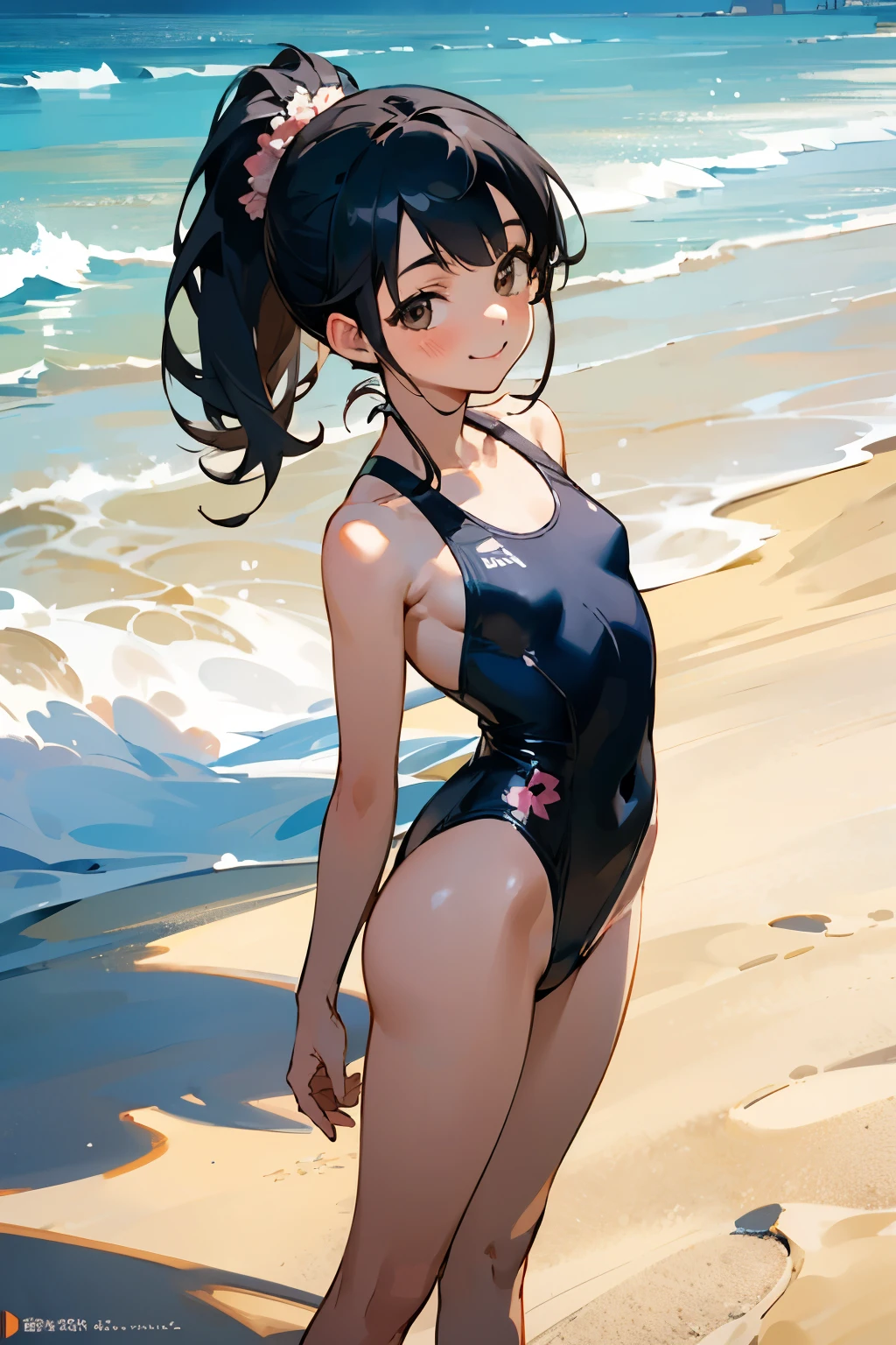 NSFW、In the best quality、age girl standing on a sandy beach。In high resolution、Beautiful details、Quiet atmosphere。Black hair ponytail、Cute Smile.。Small breasts、Cute floral one-piece swimsuit。