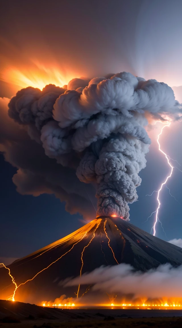 A French Cantal volcano exploding with beautiful lightning, thunder, art, 8k, dark yellow electric-themed thunderstorm, 8k quality.