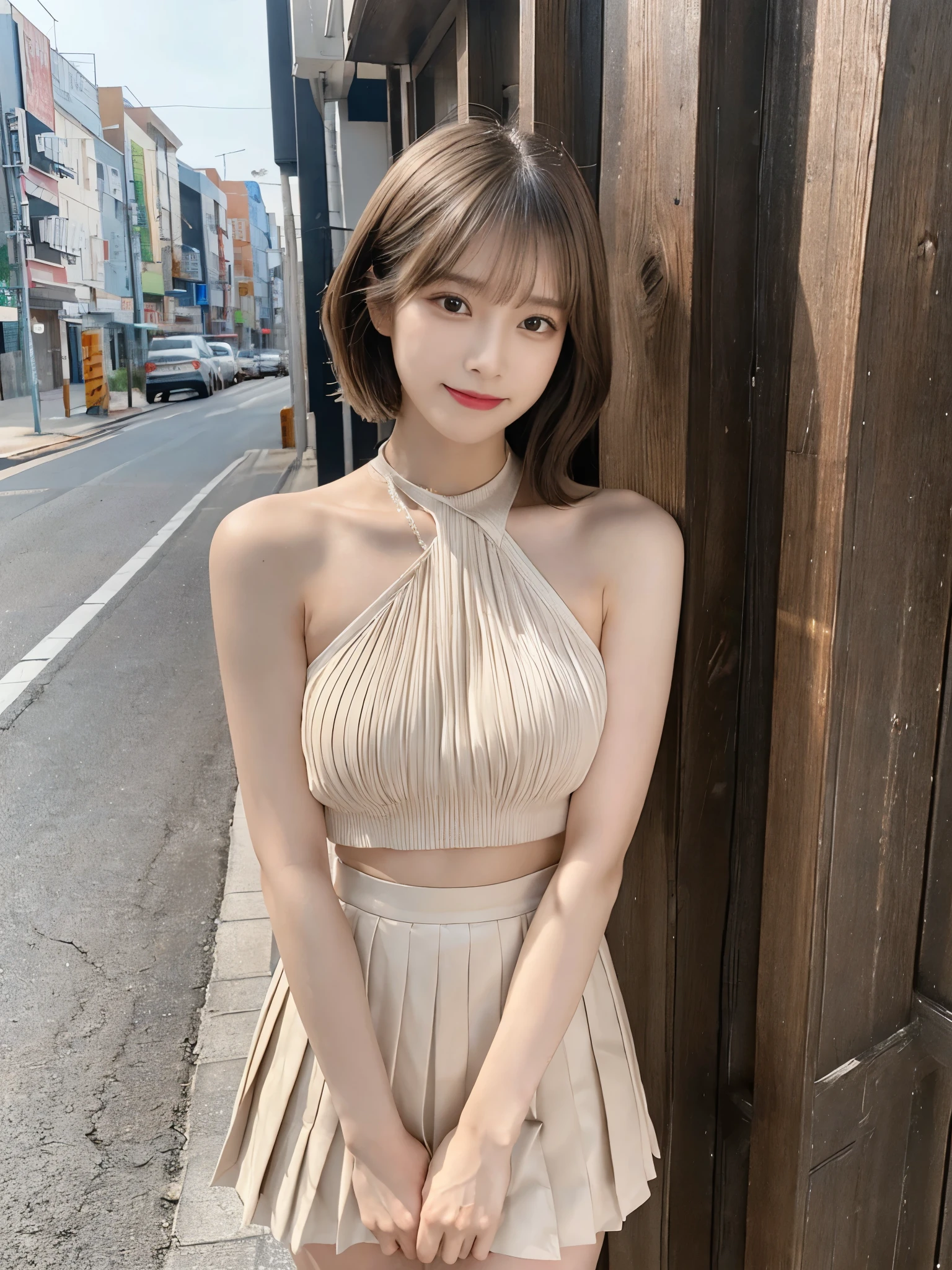 (Detailed skin:1.2),(Shiny skin:1.1),8K,Highest quality, masterpiece, Ultra-high resolution,(Realistic:1.4), RAW Photos,(Soft saturation:1.3),(Fair skin:1.2),Japanese Idols,repair,20 years, Brown Hair, (Very Short Hairstyle:1.2), Asymmetrical Hair, Asymmetrical bangs
(Pretty face:1.4), (Big Breasts, Tight waist), Beautiful lighting, Small Head,
(Mini Pleated Skirt:1.2,), Halter neck,Highly detailed face, Highly detailed lips, fine grain, double eyelid,, Full Body Shot, Browsing Caution, Sharp focus: 1.2, Beautiful woman with perfect figure: 1.2、Random Pause,Accentuate the lines of your legs、smile、
