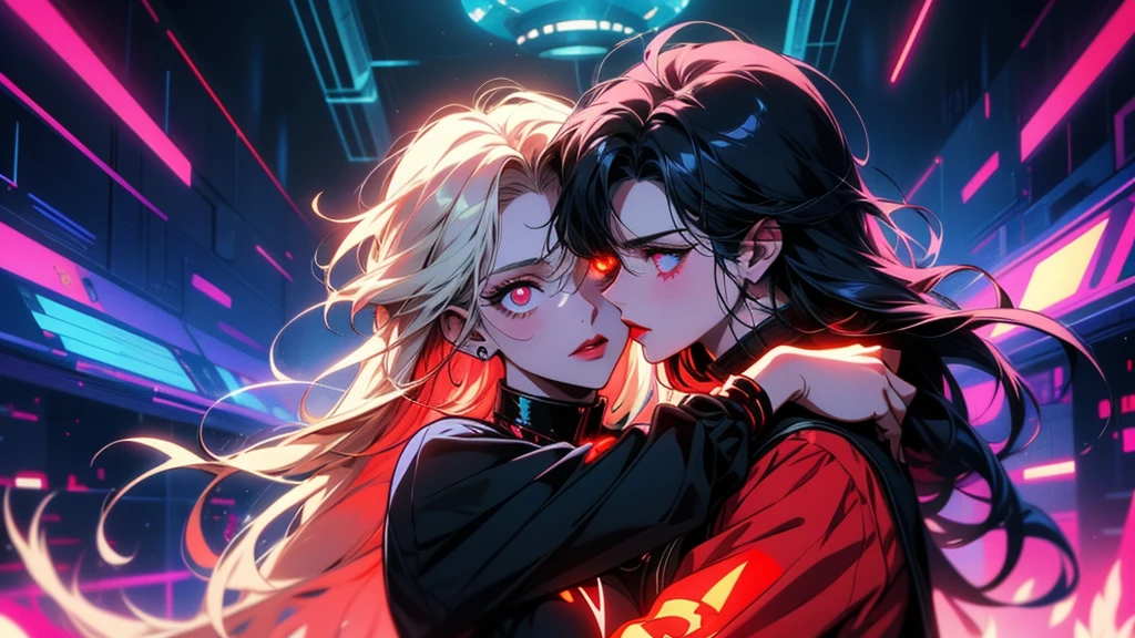 Two anime girls with long hair and blue eyes hugging each other, Anime atmosphere, Dreamy psychedelic anime, Anime Style 4k, Glowing Eyes everywhere, Nightcore, with red Glowing Eyes, with Glowing Eyes, Glitch Eye, Discord Profile Photo, Red eyes glow, magical Glowing Eyes, anime cyberpunk art, Glowing Eyes, Super colorful