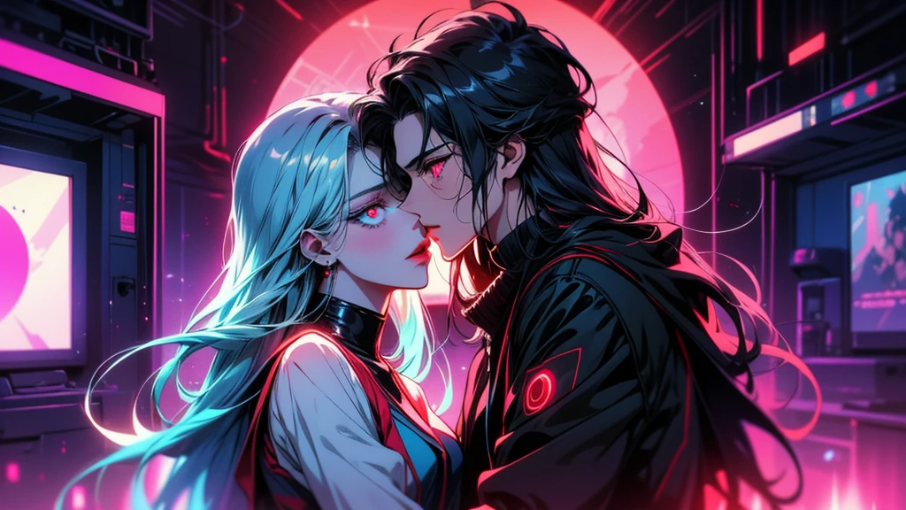 Two anime girls with long hair and blue eyes hugging each other, Anime atmosphere, Dreamy psychedelic anime, Anime Style 4k, Glowing Eyes everywhere, Nightcore, with red Glowing Eyes, with Glowing Eyes, Glitch Eye, Discord Profile Photo, Red eyes glow, magical Glowing Eyes, anime cyberpunk art, Glowing Eyes, Super colorful