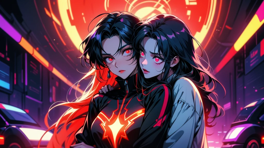 Two anime girls with long hair and blue eyes hugging each other, Anime atmosphere, Dreamy psychedelic anime, Anime Style 4k, Glowing Eyes everywhere, Nightcore, with red Glowing Eyes, with Glowing Eyes, Glitch Eye, Discord Profile Photo, Red eyes glow, magical Glowing Eyes, anime cyberpunk art, Glowing Eyes, Super colorful