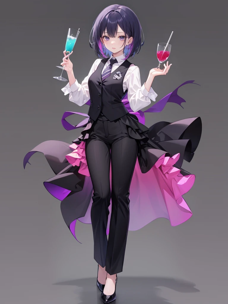 purple,(((layered cut hair))),woman,bartender,vest,shirt,tie,pants,high heels,all,simple background,smile,whole body,full body,full body,Standing picture,vtuber,upright,,look forward to,body facing forward