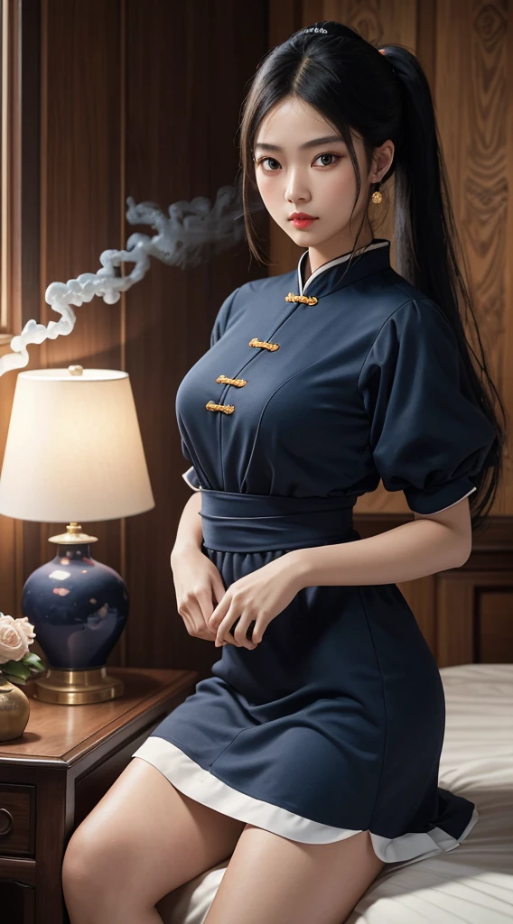 Master's work, a lovely 20-year-old Chinese girl, big eyes, orange lipstick, black hair, soft long hair ponytail, wearing a dress with blue and white porcelain elements, half picture, half photo, front photo, wooden wall background, hair all displayed, the overall classical style, exquisite and clear features, super realism + realism + HD + high-resolution, In the sunny bedroom, sacred movie edge lighting + volume light + surface light, depth of field + smoke, Hasselblad X2D 100C