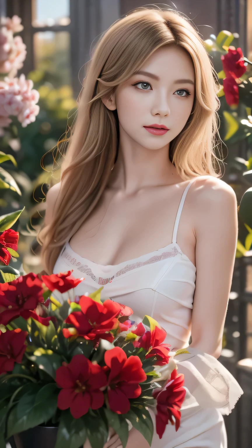 Extremely refined, Astonishing, Fine details, masterpiece, Extremely detailed, high resolution,Best Illustration Award, The best shadow,complex,Clear focus, high quality, 1 female, Solitary, blond. Red Eyes, Genshin Impact, Glass greenhouse, Potted flowers, Flowers for sale, Woman looking at flowers, Flowers everywhere