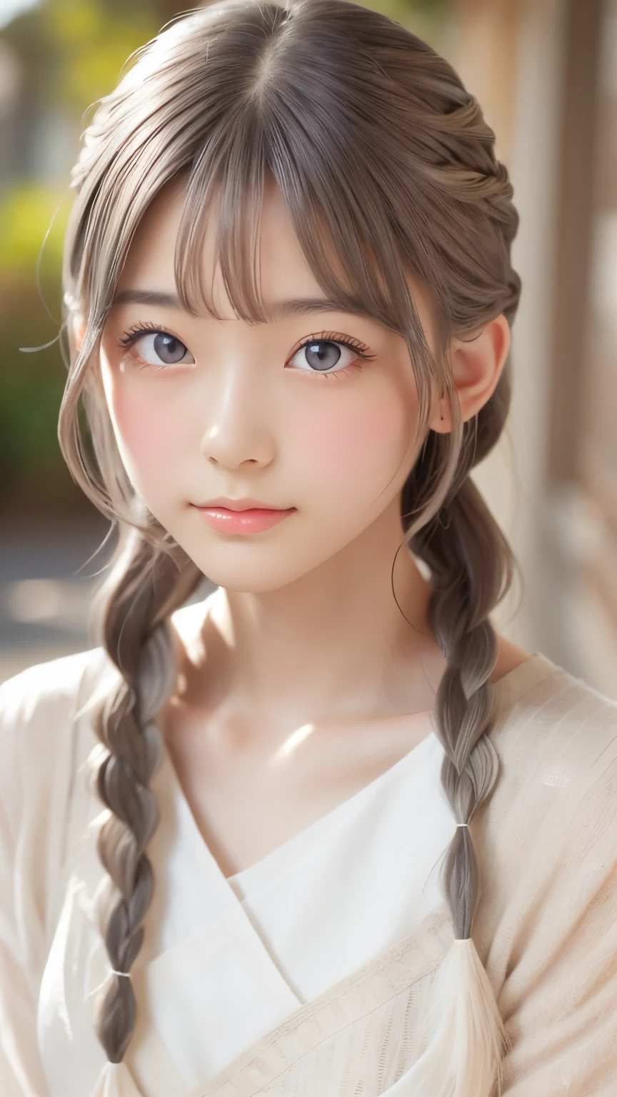Highest quality, masterpiece,Gray Hair, Golden Eyes,White clothes, look up, Upper Body,hair,Fair skin,Side braid
