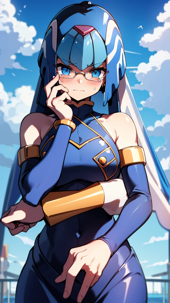 Leviathan_Megamanz, 1 Girl, looking at viewer, blue hair, Blue eyes,Clouds background , Blushed ,  , Wedding ring, Glasses, chibi , cool glasses, crying, funeral clothes , Black Dress, Hands on face crying 