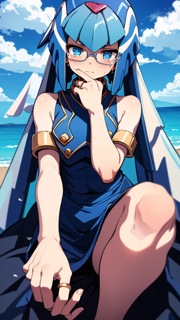 Leviathan_Megamanz, 1 Girl, looking at viewer, blue hair, Blue eyes,Clouds background , Blushed ,  , Wedding ring, Glasses, chibi , cool glasses, crying, funeral clothes , Black Dress, Hands on face crying 