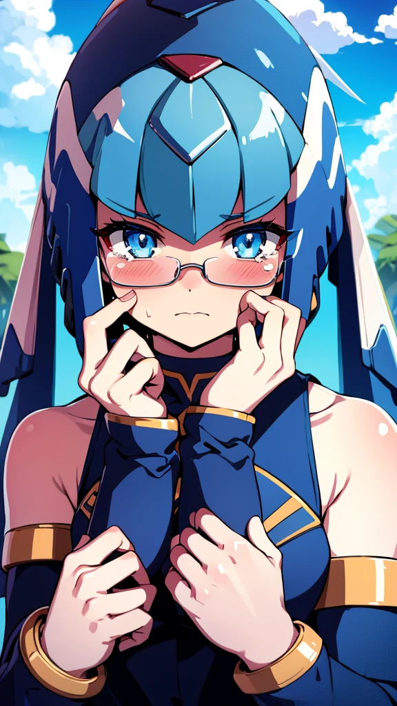 Leviathan_Megamanz, 1 Girl, looking at viewer, blue hair, Blue eyes,Clouds background , Blushed ,  , Wedding ring, Glasses, chibi , cool glasses, crying, funeral clothes , Black Dress, Hands on face crying 