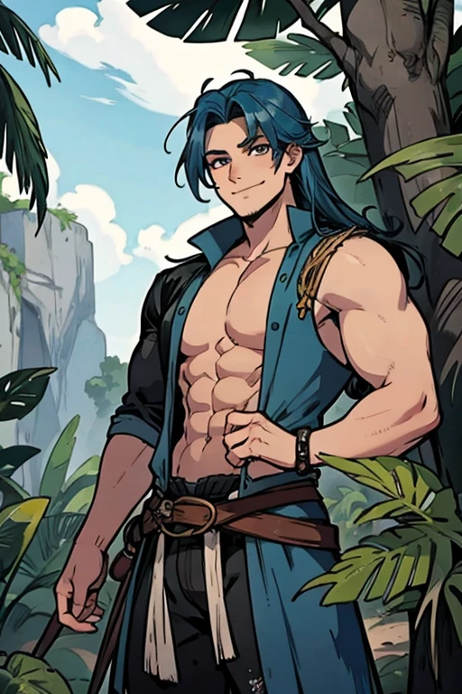 A muscular blue haired man with gray eyes and long hair in a pirate's outfit is exploring a tropical jungle with a big smile