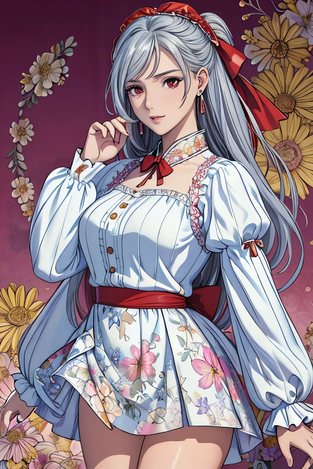 (masterpiece, top-quality, top-quality, Official art, Beautifully Aesthetic:1.2), red eyes, (highest quality, masterpiece painting:1.3), immature woman, 16 years old, (half body shot), masterpiece, ultra high resolution, (((rainbow dress, ornate dress, puffy sleeves, juliet sleeves, mini skirt, (long sleeves:1.2), red bow,))), Decorative panel, abstract art, (shot from a side angle), (Photoreal:1.0), ((light silver hair)),straight hair, beautiful shining hair, white and shining skin, Painterly, sketch, Texture, 超A high resolution, solo, Beautuful Women, A highly detailed, (Fractal Art:1.1), (colourfull:1.1), (florals:1.6), The most detailed, (Zentangle:1.2), (Dynamic Poses), (Abstract background:1.3), (shinny skin), (Many colors:0.8), (earrings:1.4), (pluma:0.9), Taisho romance, (light_smile:0.8), (Very embarrassed:1.2),