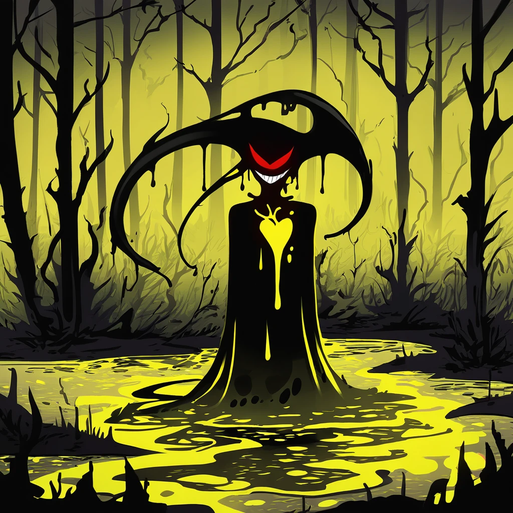 A Slime Monster girl with bright-yellow slime solid red eyes a evil-like grin wearing a evil outfit and lurking in a glowing swamp in ink dripping art style