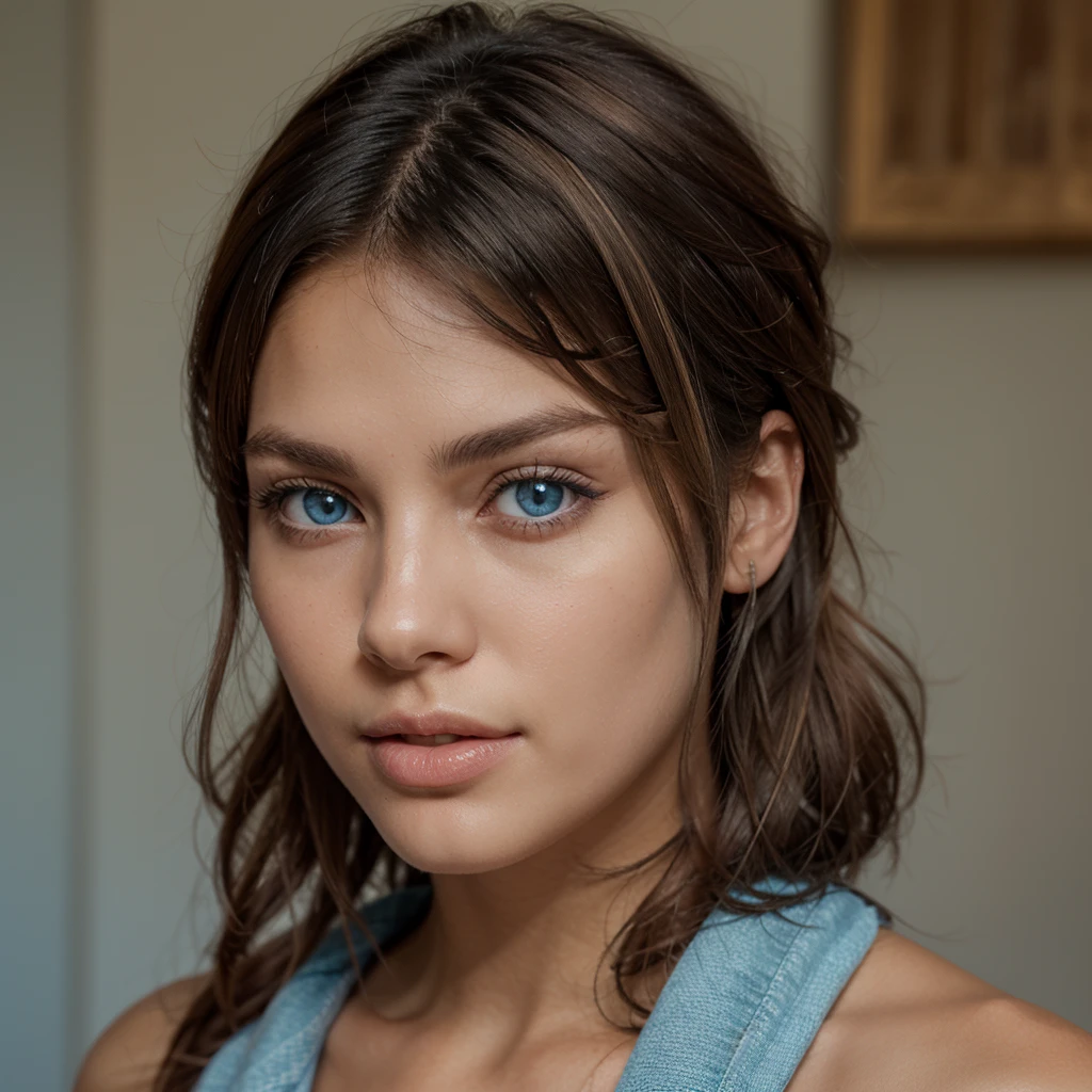 light blue eyes, hair with colored highlights, slightly dark skin, South American origins