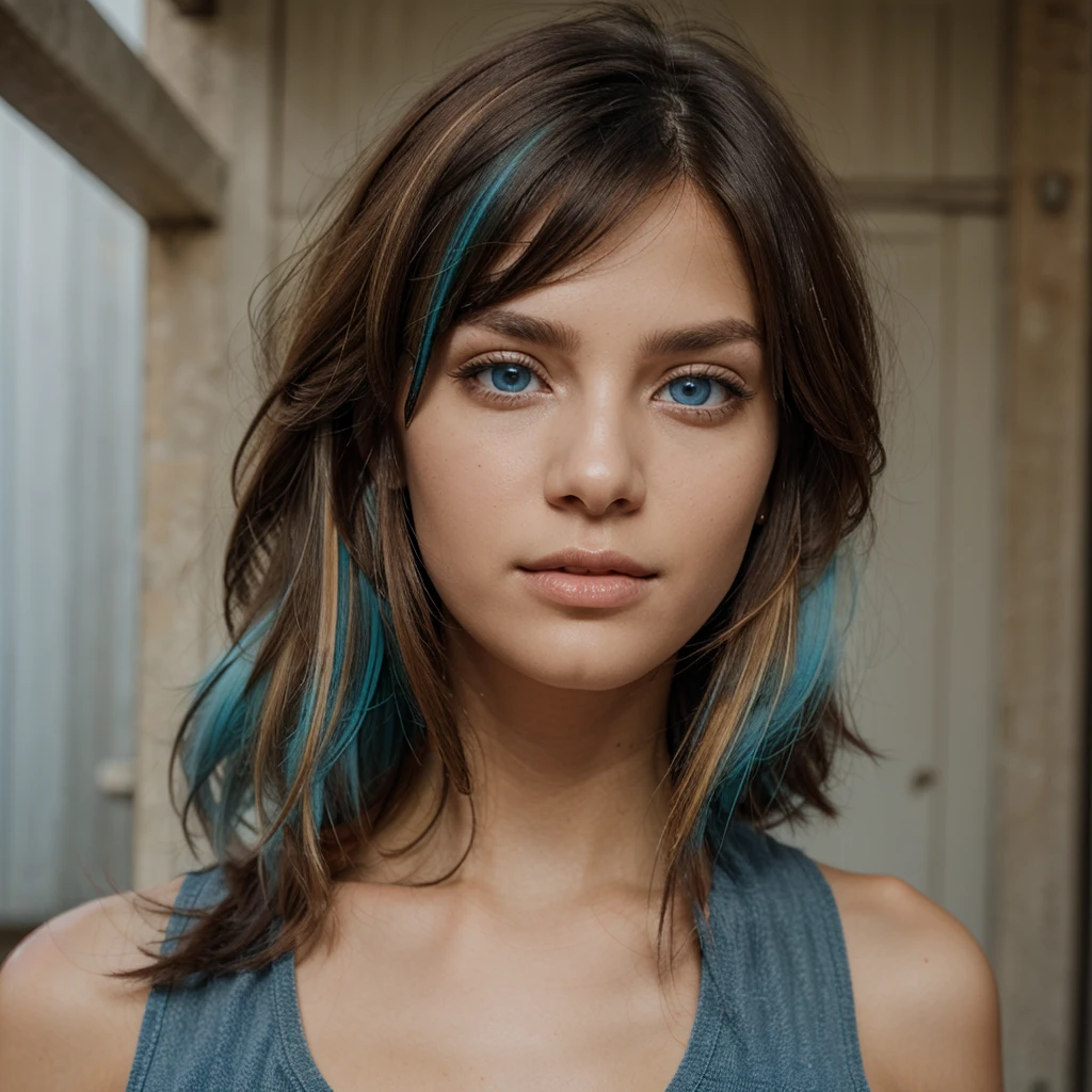 light blue eyes, hair with colored highlights, slightly dark skin, South American origins