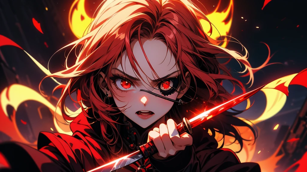 Red eyed anime girl holding a knife and bloody hands, Gothic Maiden Anime Girl, Gap Moe Yandere Grimdark, portrait Gap Moe Yandere Grimdark, gapmoe yandere, Devil Anime Girl, Nightcore, With eyes that glow red, yandere, Vampire Girl, Female Vampire Knight, yandere intricate, Burning, Red eye glow angle from the front eye patch