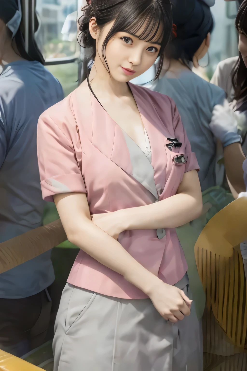 Showing your belly button、(masterpiece:1.2, Highest quality:1.2), 32k HDR, High resolution, (alone、1 girl)、 (Height: 160cm)、（On the rooftop of a building in the daytime、Professional Lighting）、Building rooftop background、（Nankai train crew uniform pinkを着たリアルスタイル）、（Nankai train crew uniform pink short sleeve collarless pink jacket、Nankai Train Crew Uniform Pink Collarless Short Sleeve Blouse、Nankai Train Crew Uniform Pink Grey Knee-length Culottes）、（The pink jacket is showing from the culottes.）、Dark brown hair、（Hair tied up、Hair tied up、Evening curly hairstyle）、Dark brown hair、Long Shot、Big Breasts、Thin legs、（（Great hands：2.0）），（（Harmonious body proportions：1.5）），（（Normal limbs：2.0）），（（Normal finger：2.0）），（（Delicate eyes：2.0）），（（Normal eyes：2.0））)、smile、（Nankai Train Crew Uniform Pink Grey Knee-length Culottesを見せた美しい歩く姿）、Place your hands around your stomach