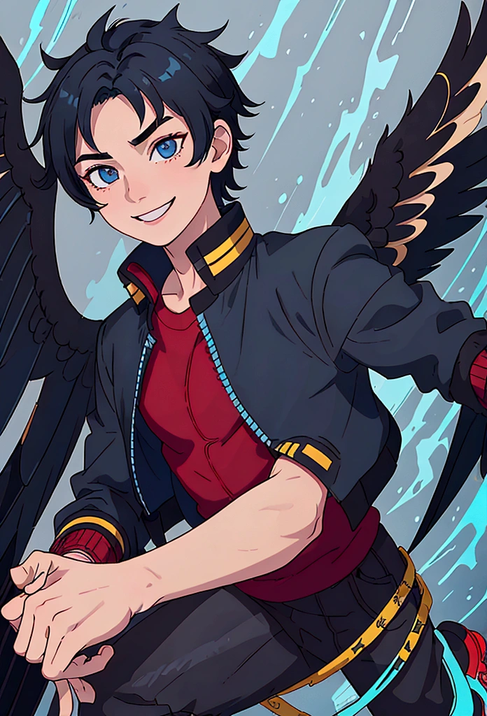  boy, big spiky black hair with blue highlights, dark blue and brown heterochromatic eye, smile of excitement, dark red shirt with wing details, black jacket with light blue details, black pants with yellow details, red sneakers with blue details, lot of details